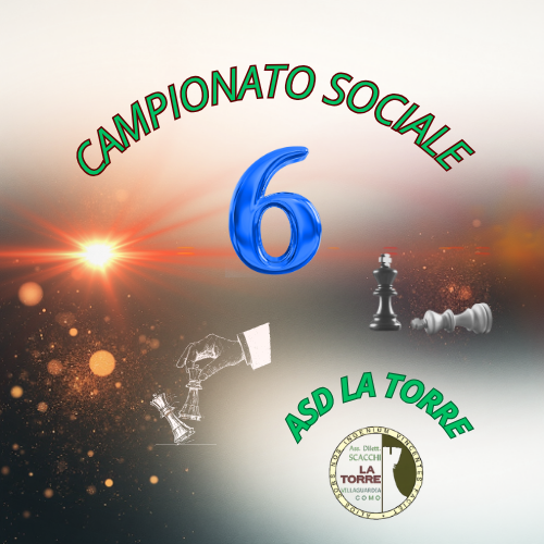 Grafica del sesto turno del campionato sociale ASD La Torre con il numero 6 in evidenza e simboli scacchistici.
