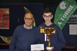 Two individuals, one older and one younger, standing together. The older man is wearing glasses and a blue sweater, while the younger one is wearing a dark hoodie with 'Denver' printed on it. The younger individual is holding a trophy and a card that says 'Il Processo'.