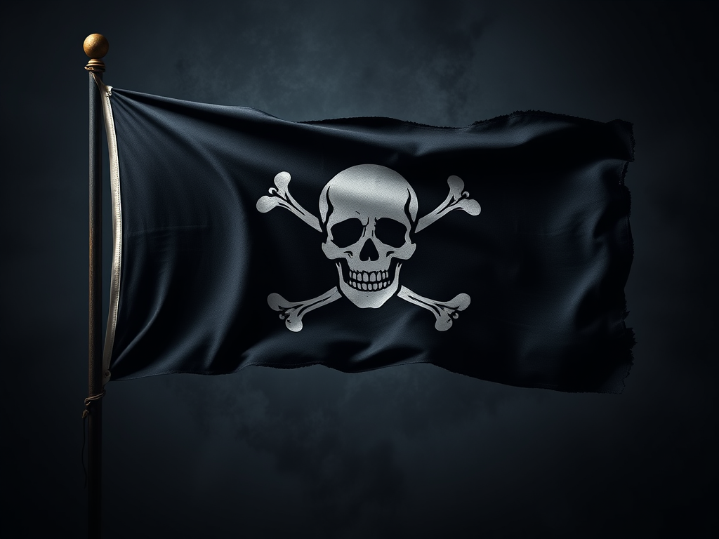 Bandiera nera con teschio e ossa incrociate, tipica delle navi pirata, sventola su uno sfondo scuro e nuvoloso.
