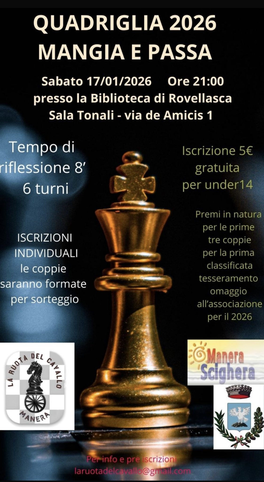 Locandina per il torneo di scacchi "Quadriglia 2026 Mangia e Passa" che si svolgerà il 17 gennaio 2026 presso la Biblioteca di Rovellasca. Include dettagli su tempi di riflessione, iscrizioni e premi.
