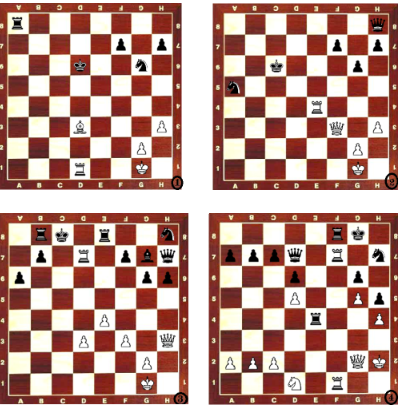 Quattro scacchiere con diverse posizioni di gioco, mostrando pezzi bianchi e neri in differenti configurazioni.