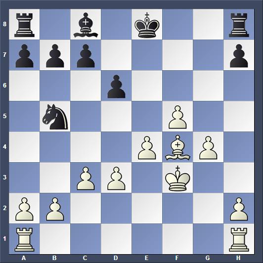 Immagine di una scacchiera con pezzi bianchi e neri posizionati in varie case, mostrando una situazione di gioco avanzata.