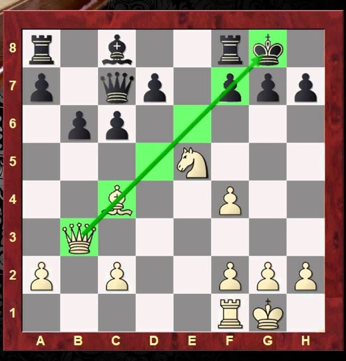 Una scacchiera con pezzi bianchi e neri disposti e una mossa evidenziata in verde.