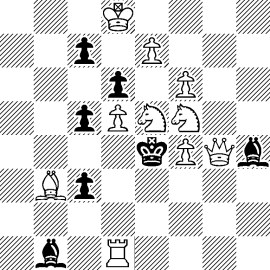 Diagramma di scacchi che mostra pezzi neri e bianchi su una scacchiera. Il re nero è in un angolo e ci sono diversi pezzi in posizioni strategiche.