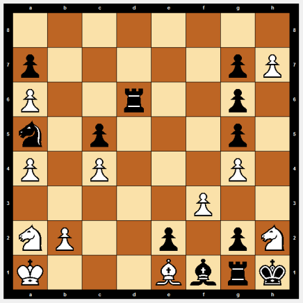 Scacchiera con pezzi bianchi e neri disposti su un campo di gioco a scacchi, evidenziando una posizione di gioco attiva.