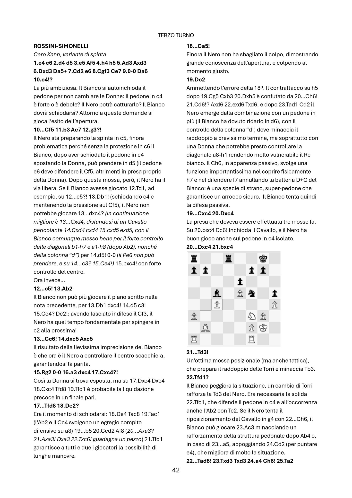 Pagina di un libro o documento che contiene testo sul gioco degli scacchi, con diagramma di una scacchiera e annotazioni strategiche.