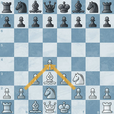 Scacchiera con pezzi disposti all'inizio della partita, evidenziando il movimento dei pezzi.