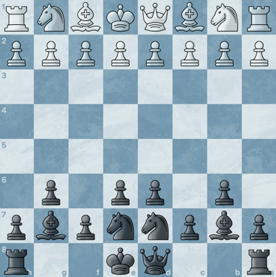 Scacchiera vuota con pezzi bianchi sopra e pezzi neri sotto, pronta per una partita a scacchi.