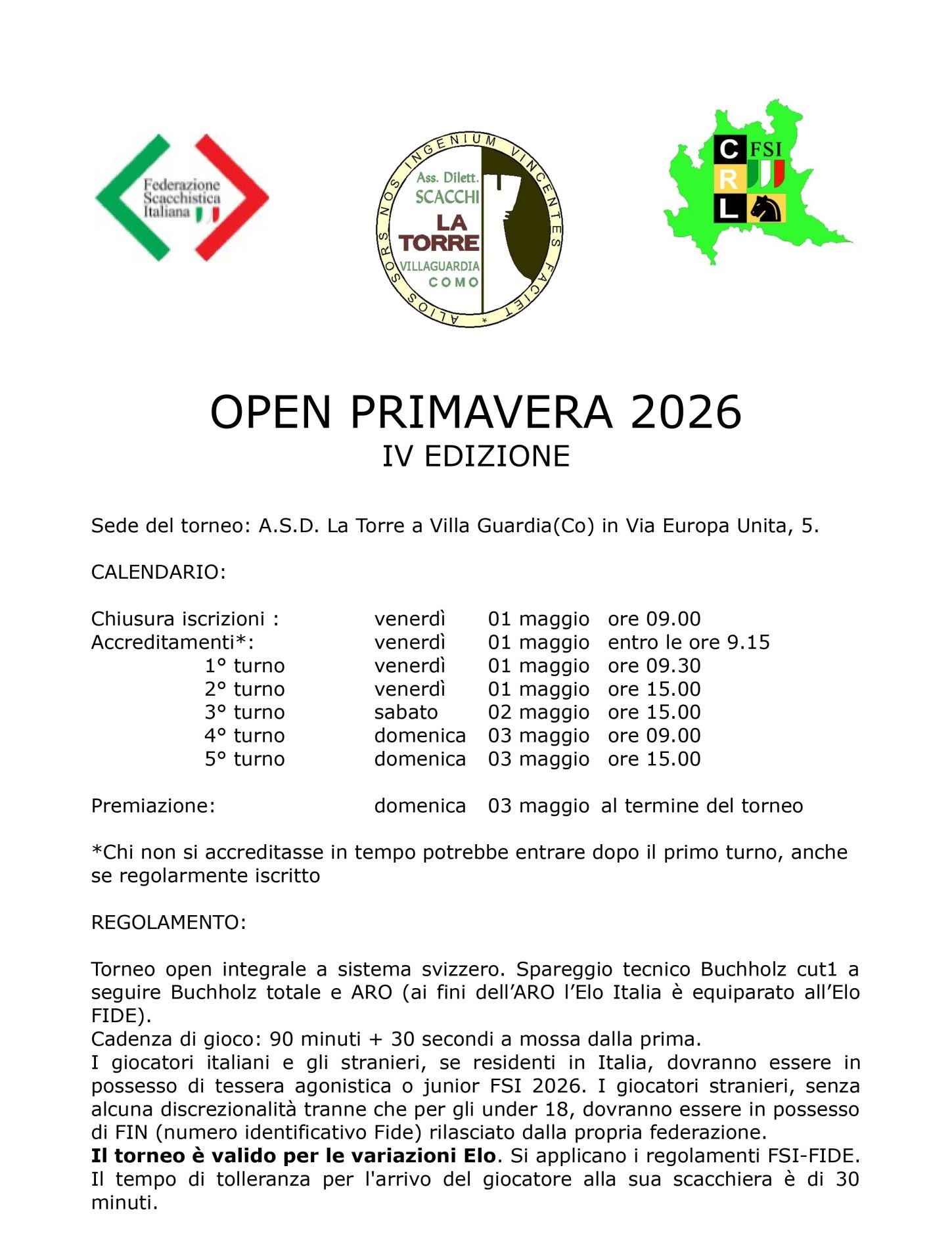 Volantino per il torneo di scacchi Open Primavera 2026, IV edizione, con dettagli sulla sede, programma e regolamento.
