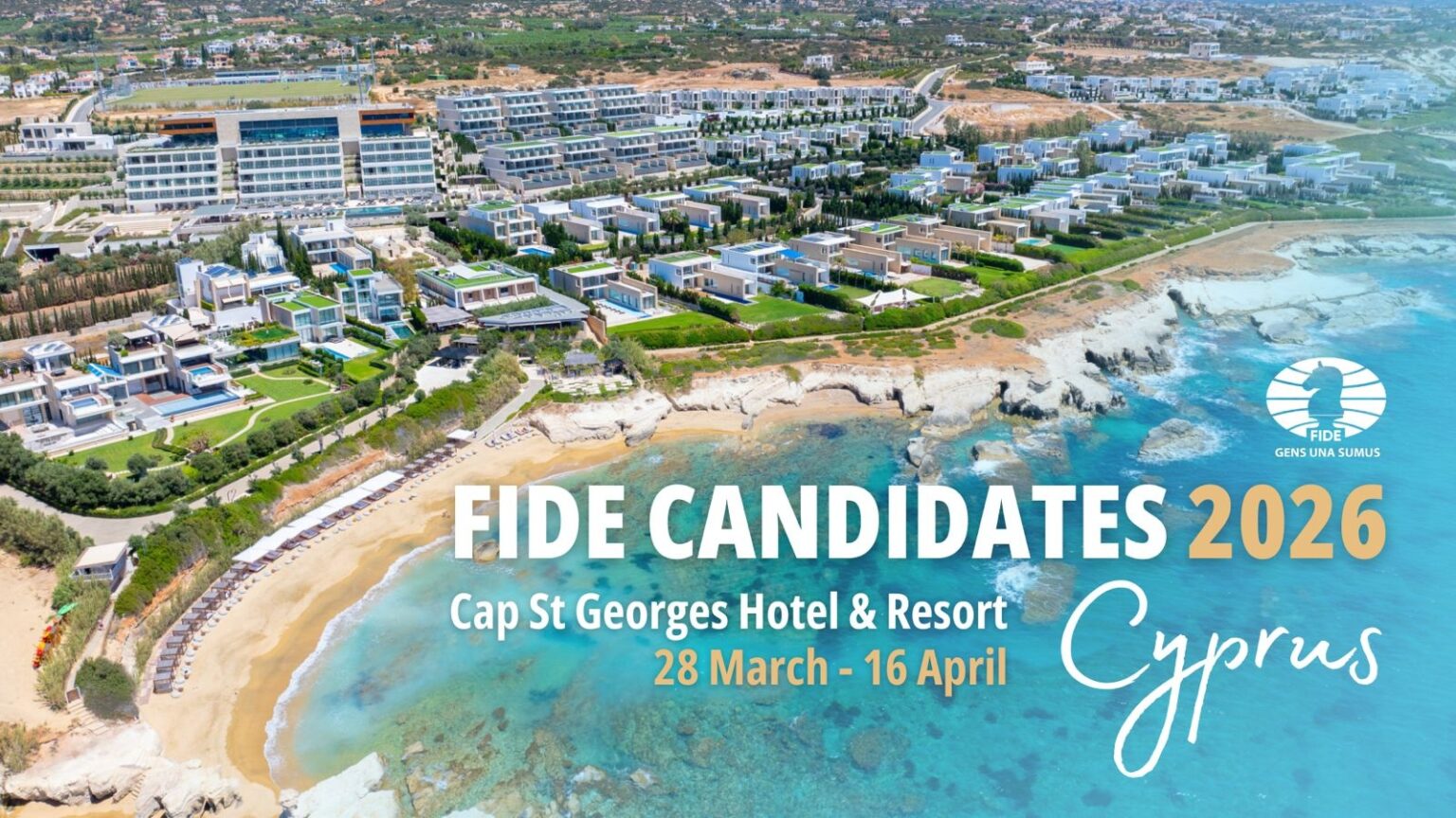 Vista panoramica del Cap St Georges Hotel & Resort a Cipro, sede del torneo FIDE Candidates 2026, con la data dal 28 marzo al 16 aprile.