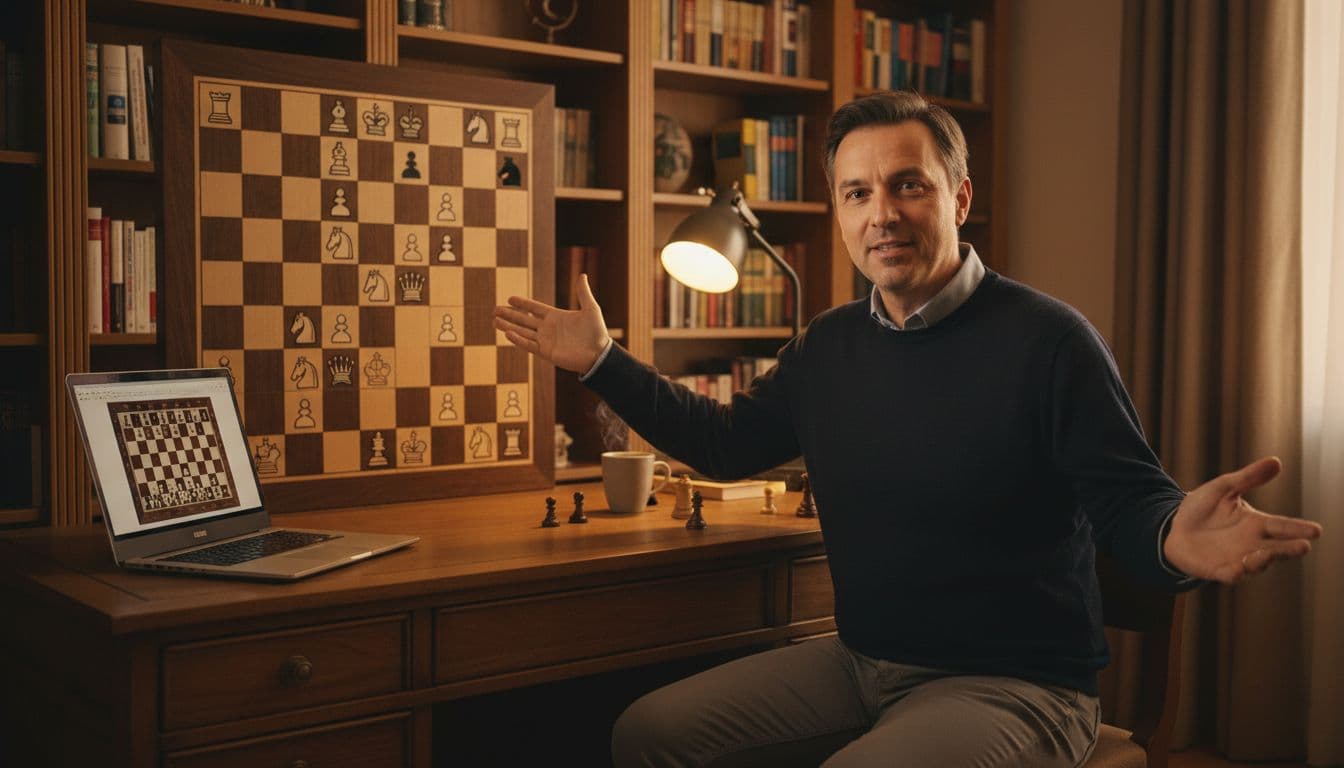 Un uomo seduto davanti a una scacchiera, con un computer portatile accanto, mentre spiega una strategia di scacchi in un ambiente accogliente.