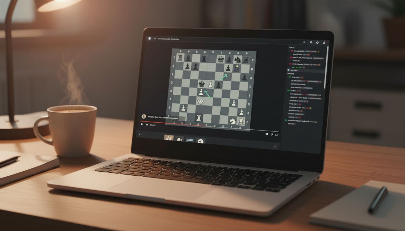 Un laptop mostra una scacchiera in bianco e nero durante un video, vicino a una tazza di caffè su un tavolo.