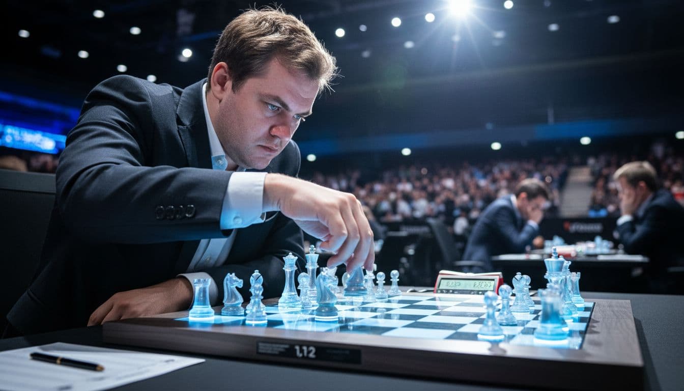 Giocatore di scacchi impegnato in una partita, con pezzi traslucidi su una scacchiera, in un torneo affollato sotto luci brillanti.