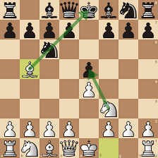 Scacchiera con pezzi bianchi e neri disposti, evidenziando le mosse del cavallo e dell'alfiere.