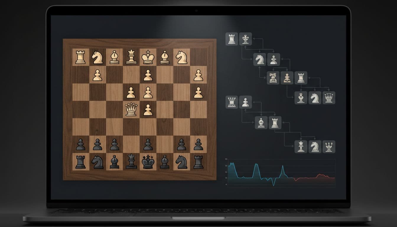 Un programma di scacchi su un laptop con una scacchiera e annotazioni di gioco a lato.