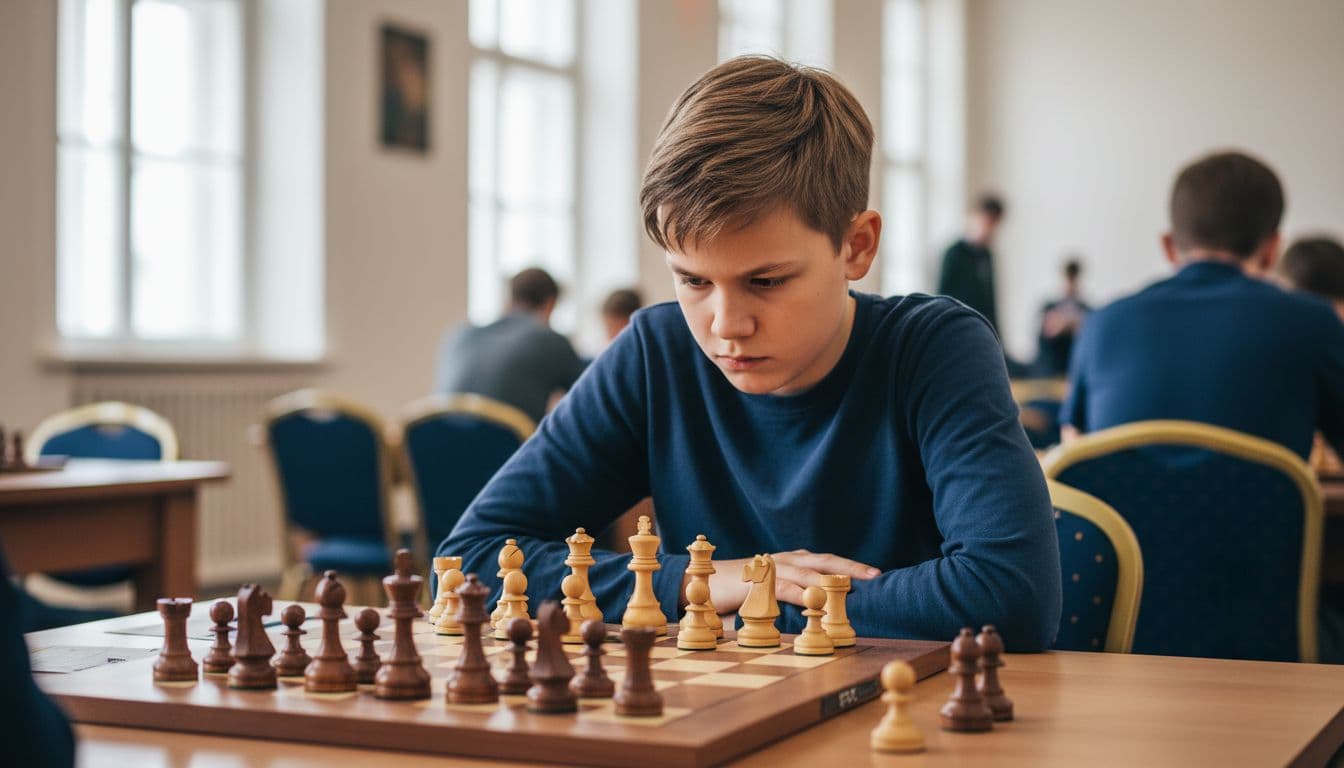 Ragazzo concentrato che gioca a scacchi in un torneo con pezzi di scacchi in legno.