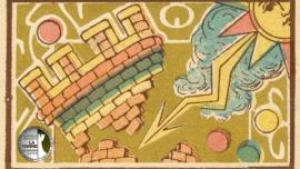 Illustrazione stilizzata di un castello con mattoni colorati e un sole che emana raggi, su uno sfondo giallo con forme geometriche.