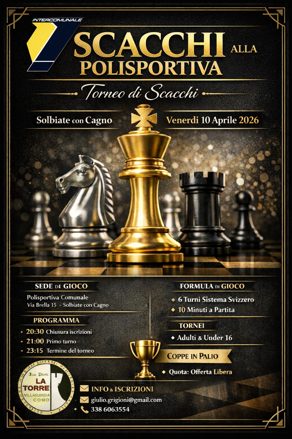 Manifesto dell'evento di scacchi alla Polisportiva, con data e dettagli della competizione.