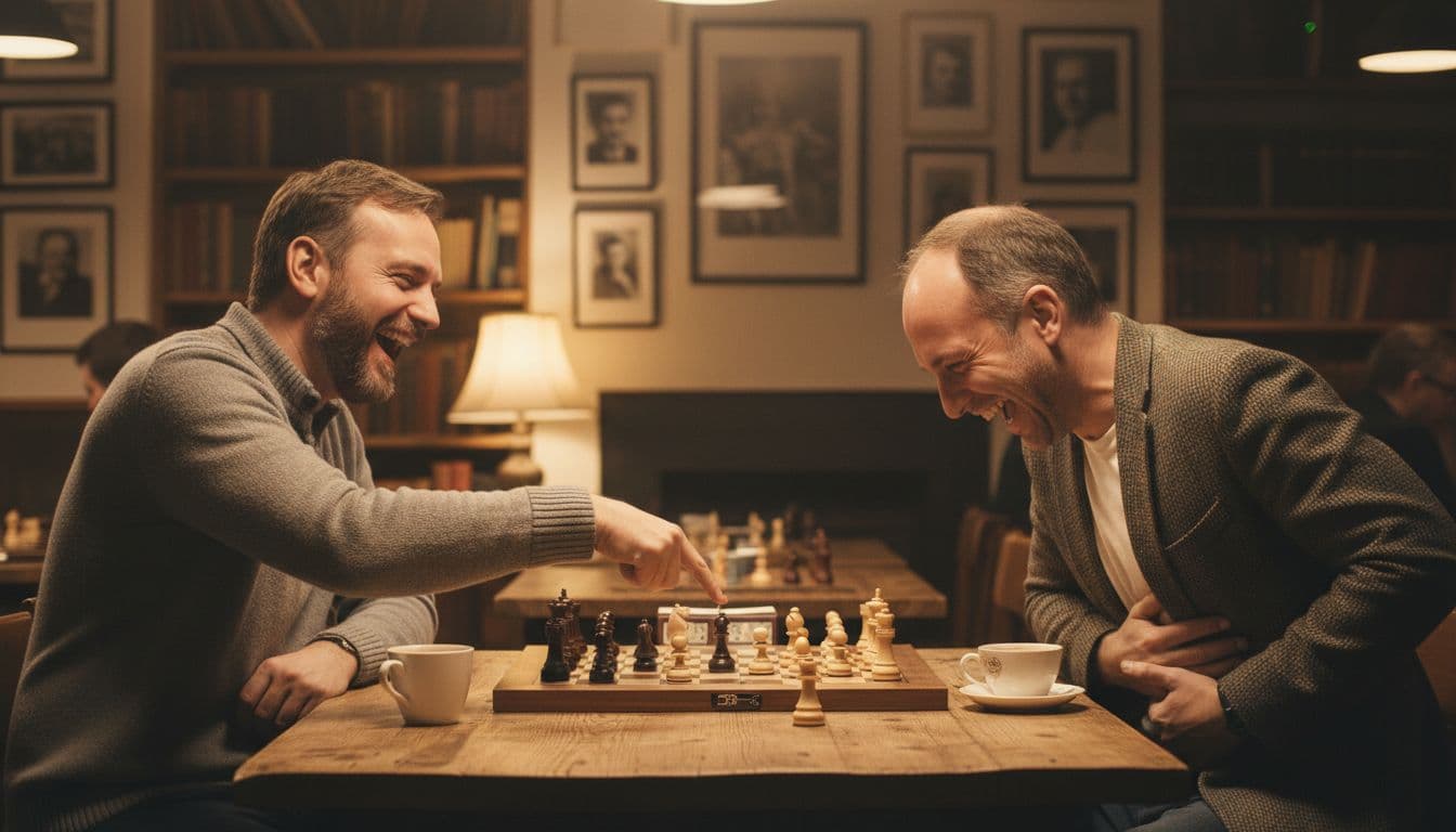 Due uomini sorridenti che giocano a scacchi in una caffetteria accogliente, con tazze di caffè sul tavolo e fotografie alle pareti.