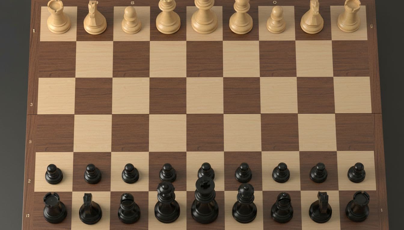 Scacchiera con pezzi bianchi e neri disposti all'inizio della partita.