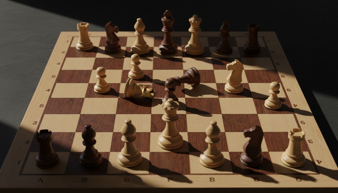 Scacchiera con pezzi di scacchi bianchi e neri disposti su un campo. Alcuni pezzi sono già stati mosse, mostrando una situazione di gioco attiva.