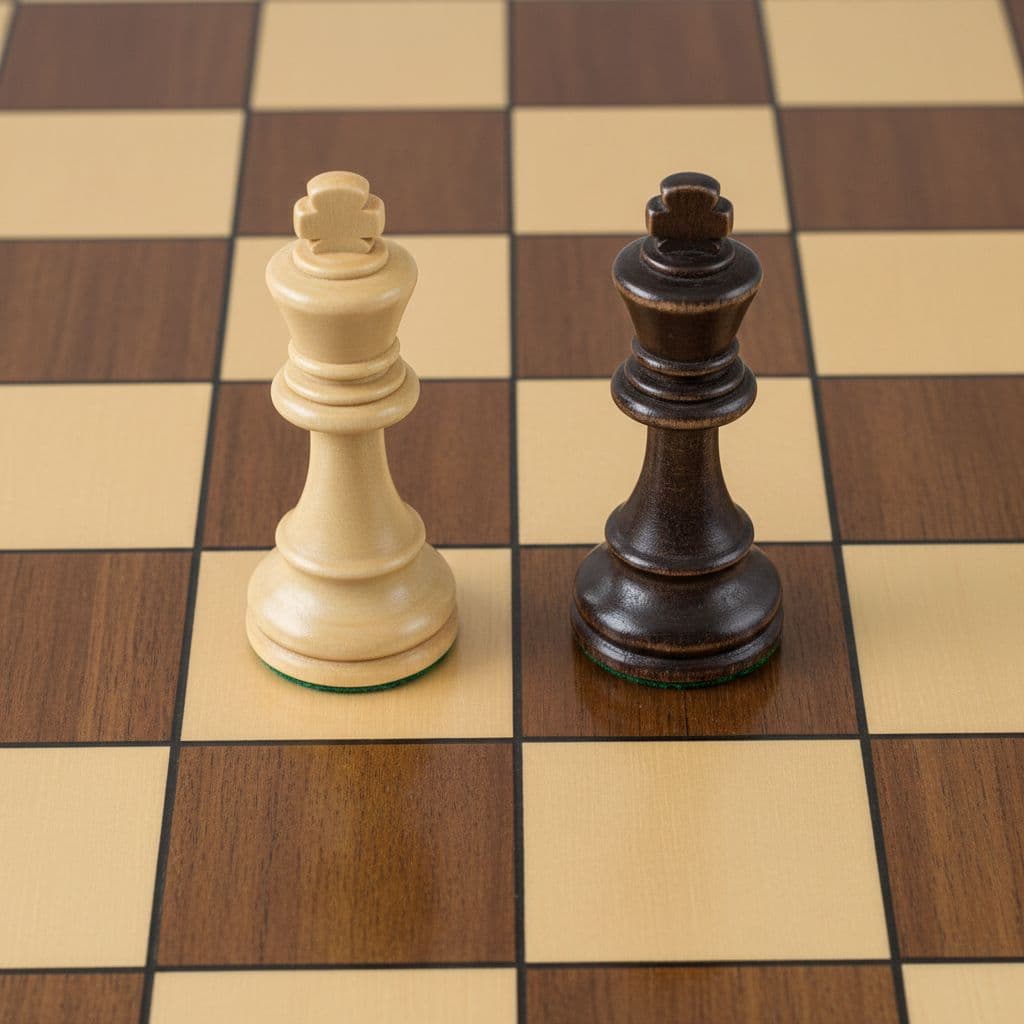 Due re degli scacchi in legno, uno bianco e uno nero, su una scacchiera colorata.