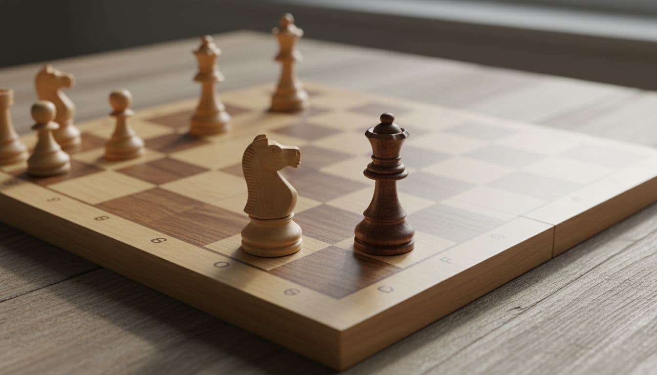 Scacchiera in legno con pezzi bianchi e neri, con un cavallo bianco e un re nero in primo piano.