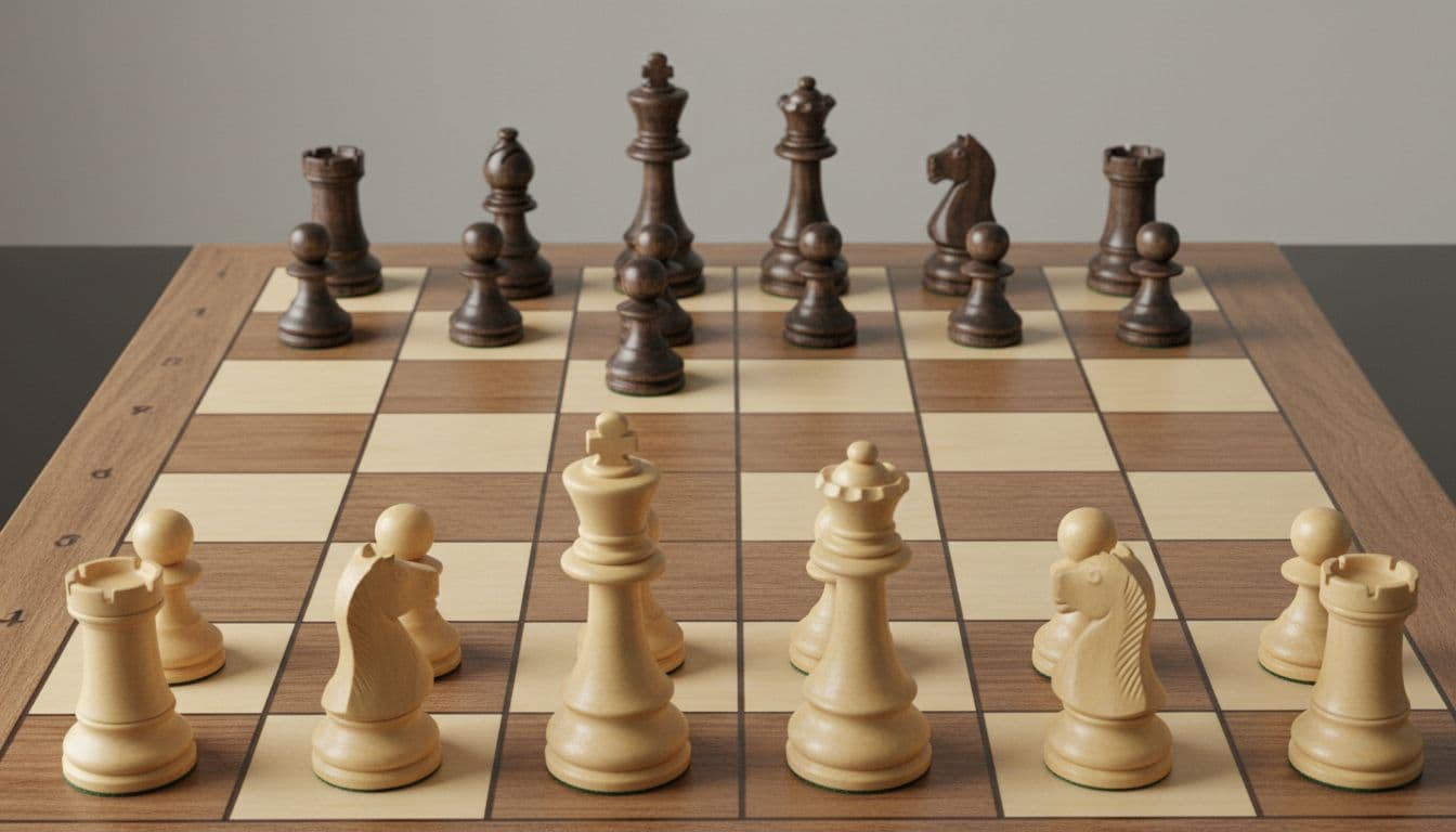 Una scacchiera con pezzi bianchi e neri disposti per una partita di scacchi.