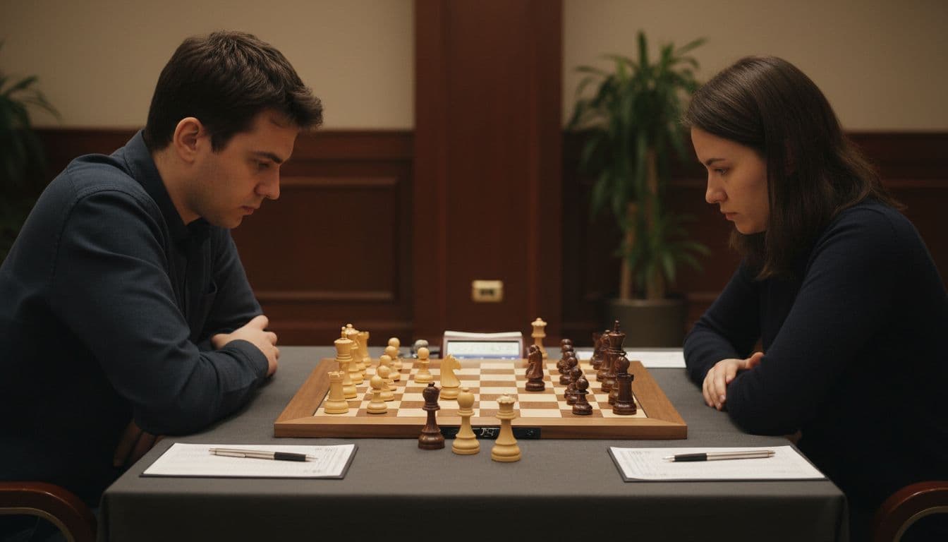 Due giocatori di scacchi concentrati durante una partita, seduti di fronte a una scacchiera su un tavolo.