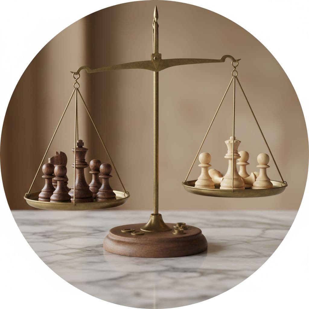 Una bilancia che misura pezzi di scacchi bianchi e neri su un tavolo di marmo.