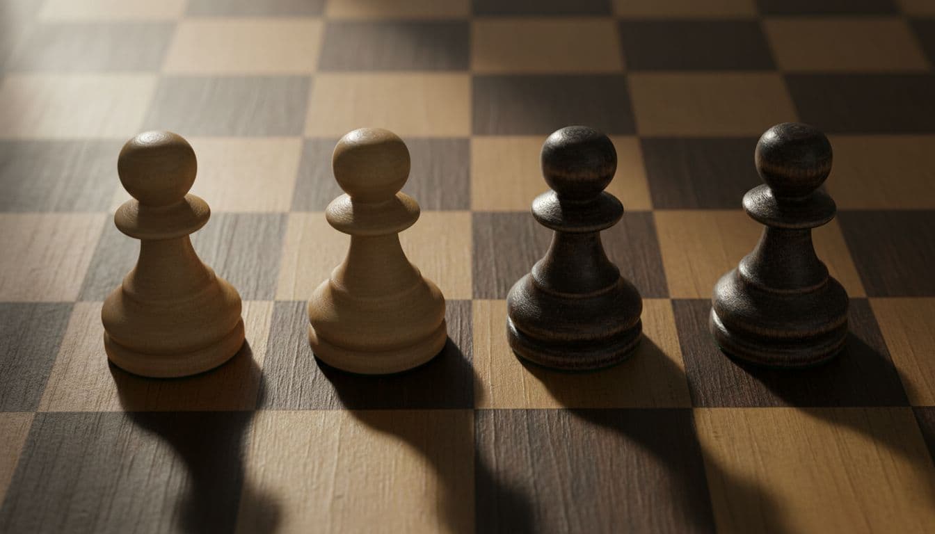 Quattro pedoni di scacchi, due bianchi e due neri, disposti su una scacchiera.