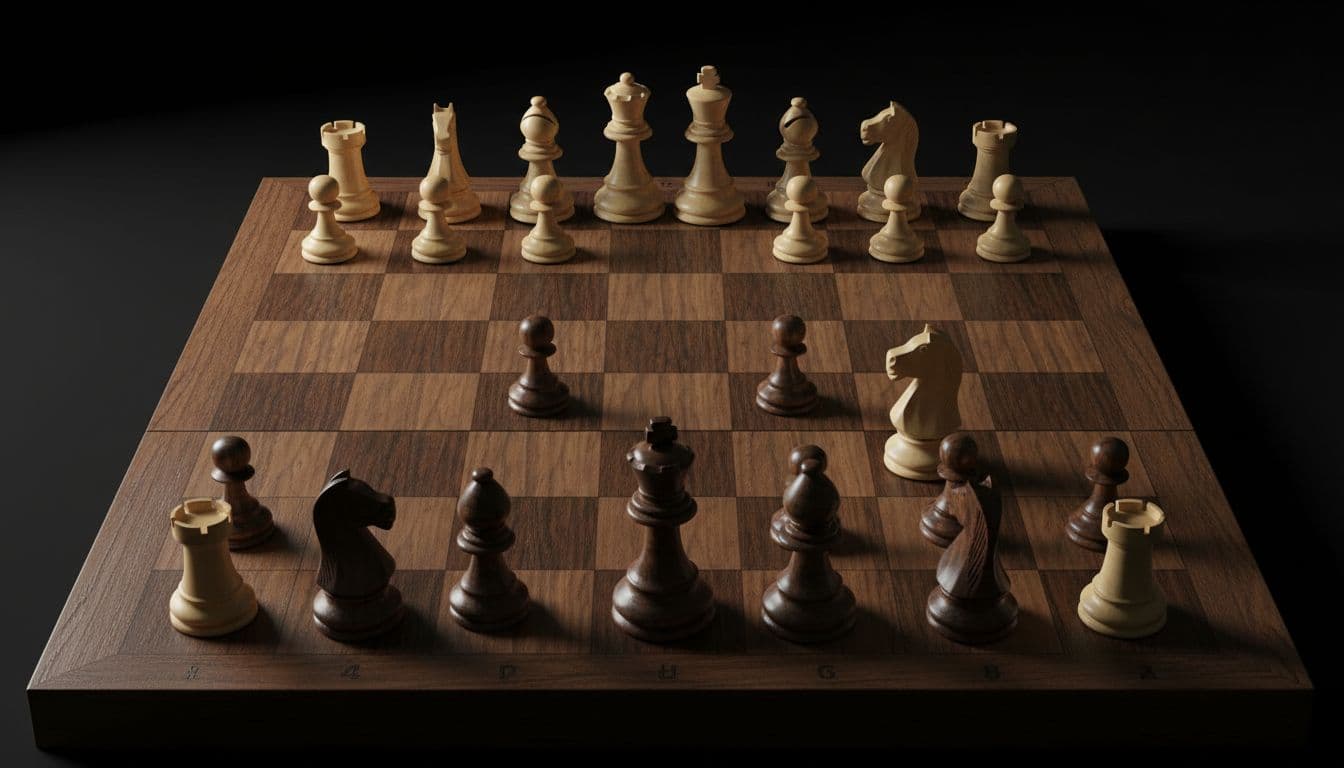Una scacchiera in legno con pezzi bianchi e neri disposti per una partita di scacchi.