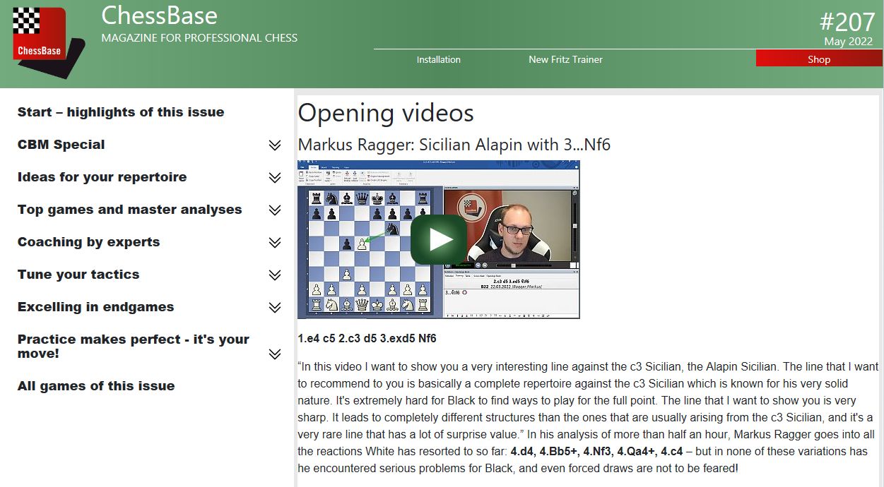 Copertina del numero 207 di ChessBase, con l'intestazione 'Aperture video' e un video di Markus Ragger sulle aperture Siciliane. Include il titolo 'Sicilian Alapin con 3...Nf6' e una scacchiera in mostra.