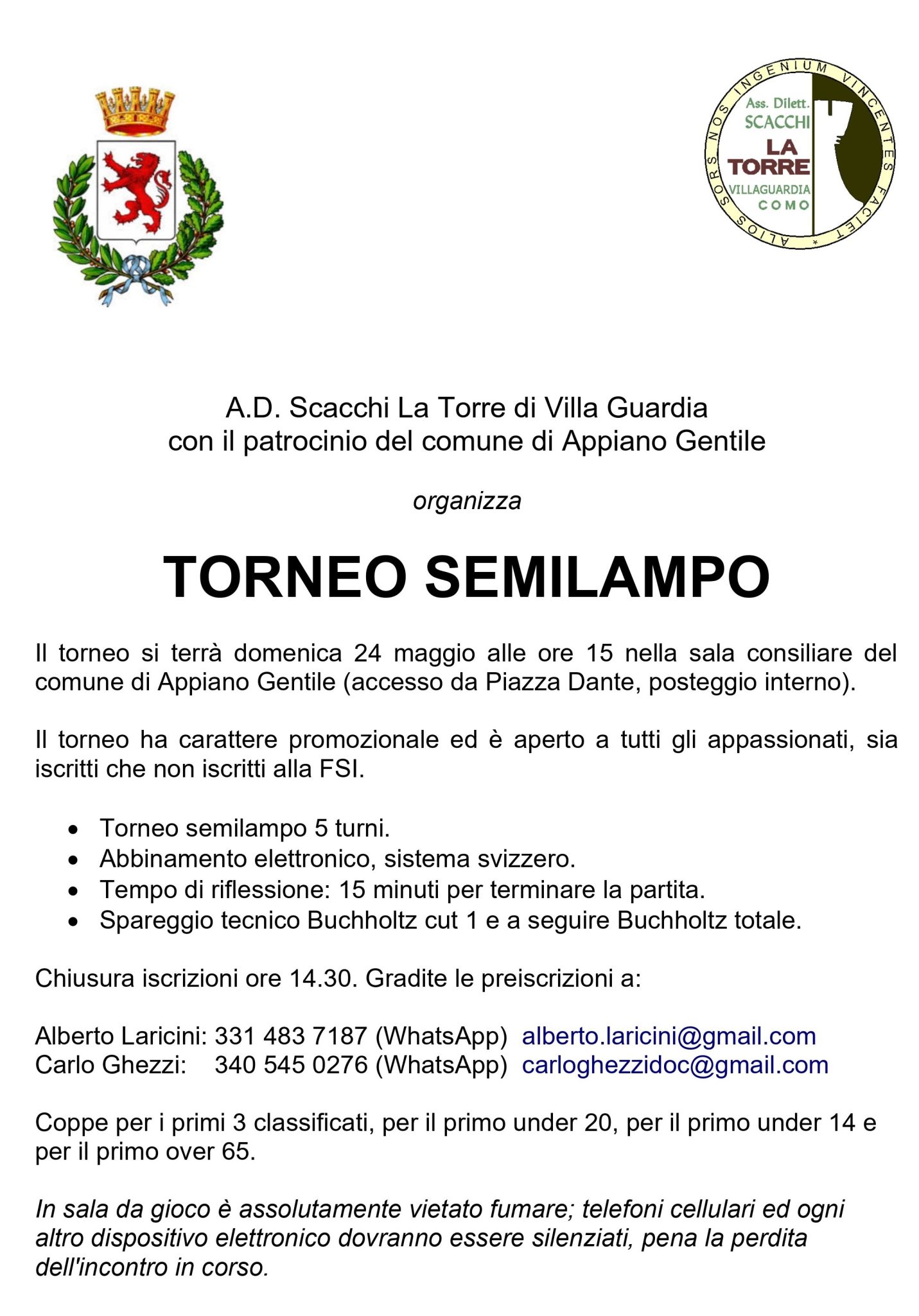 Volantino per il torneo di scacchi semilampo organizzato da A.D. Scacchi La Torre di Villa Guardia con il patrocinio del comune di Appiano Gentile.
