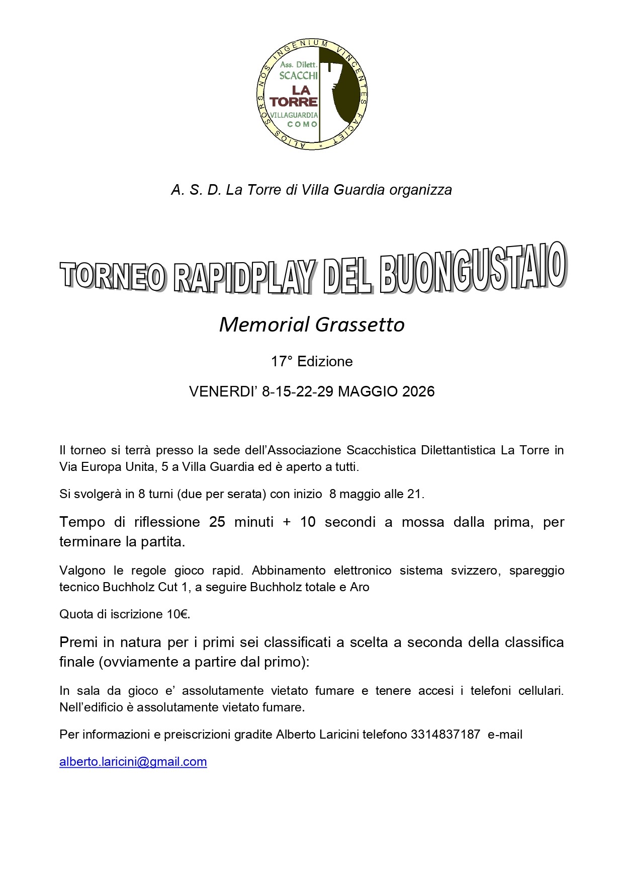 Volantino per il Torneo Rapidplay del Buongustaio, Memorial Grassetto, organizzato dall'Associazione Scacchistica Dilettantistica La Torre. Dettagli sulla data, regole di gioco, e informazioni per l'iscrizione.