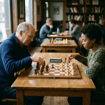 Chessboard with pieces and two players