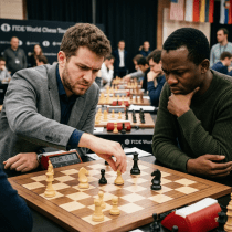 Close-up central pawn break e5, tense tournament scene