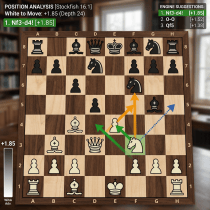 Chessboard with Stockfish analysis recommending knight move Nf3 to d4 and showing alternative moves