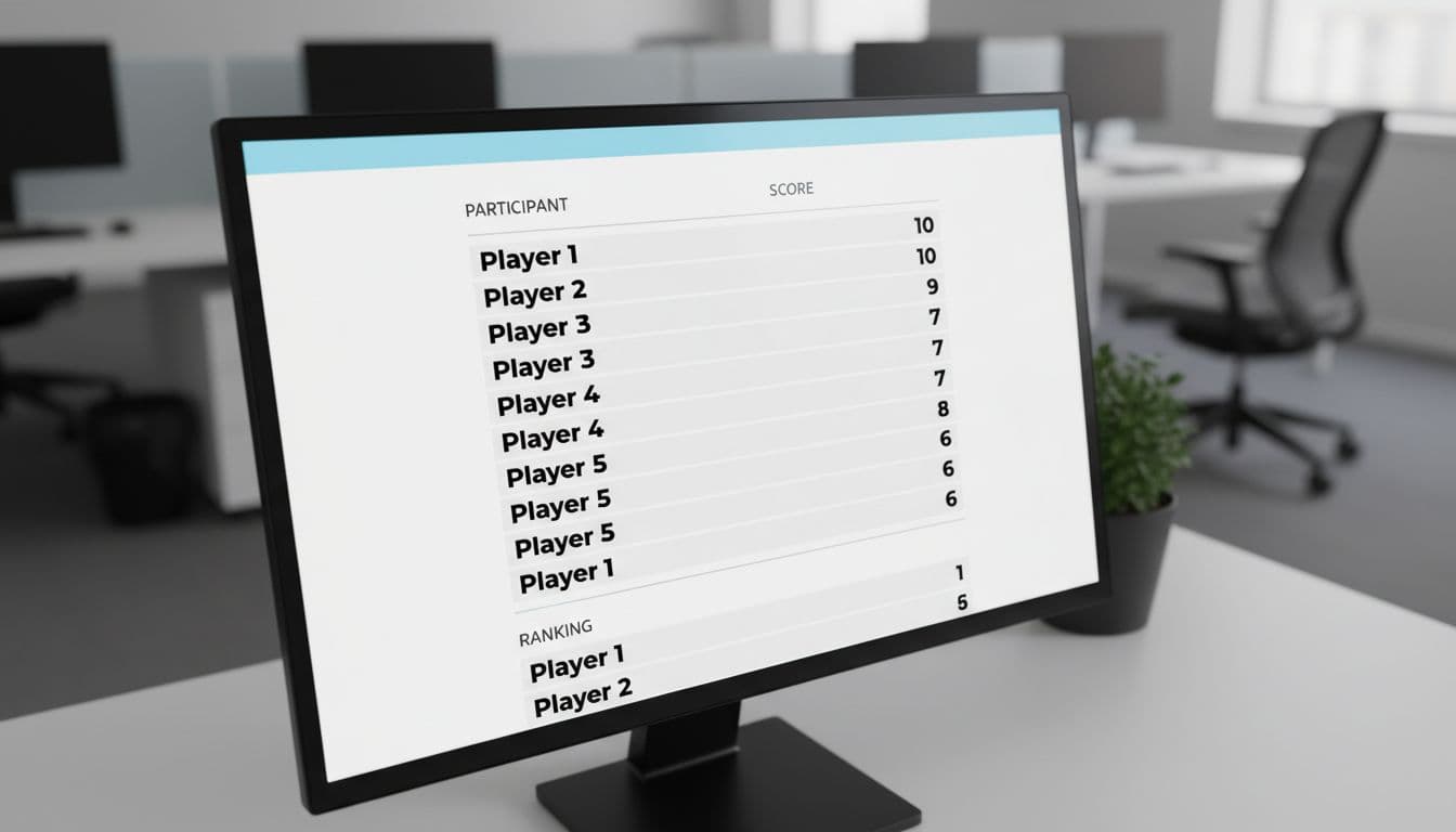 Schermata di un computer che mostra un elenco di partecipanti e punteggi di gioco. I nomi dei giocatori sono elencati con i rispettivi punteggi accanto. In fondo, una sezione per il ranking finale con i nomi dei due giocatori migliori.