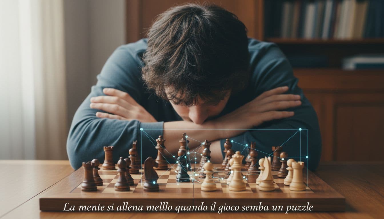 Un giovane pensieroso si trova di fronte a una scacchiera, mentre riflette sulla partita in corso, circondato da pezzi di scacchi bianchi e neri.