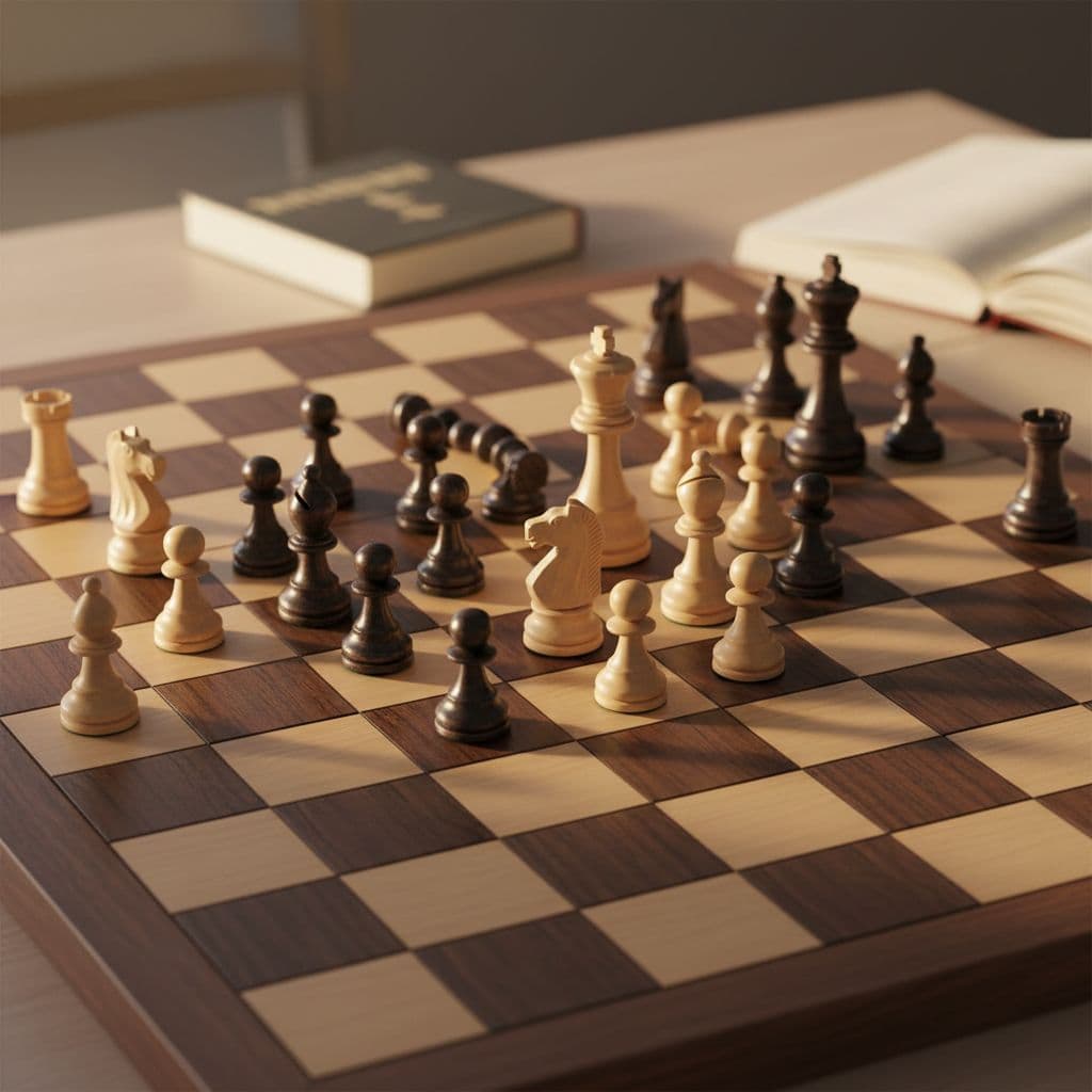 Scacchiera con pezzi bianchi e neri in gioco, concentrati su una partita di scacchi, con un libro aperto sullo sfondo.