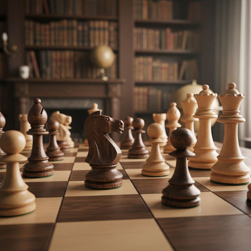 Scacchiera in legno con pezzi di scacchi, tra cui un cavallo scuro in primo piano, e una libreria sullo sfondo.