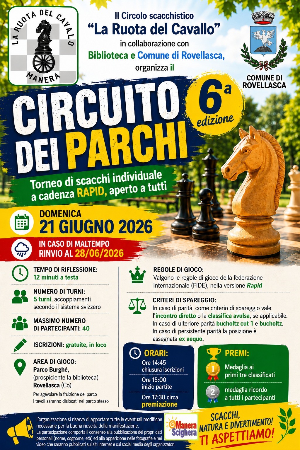 Manifesto del torneo di scacchi 'Circuito dei Parchi', edizione 2026, organizzato dal Circolo scacchistico 'La Ruota del Cavallo' con il Comune di Rovellasca. Include dettagli sull'evento, come data, luogo e regole di gioco.