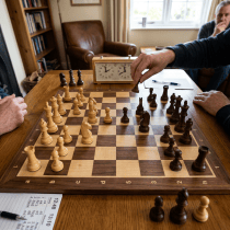 Hand moving a chess piece on a wooden chessboard with chess clock and players