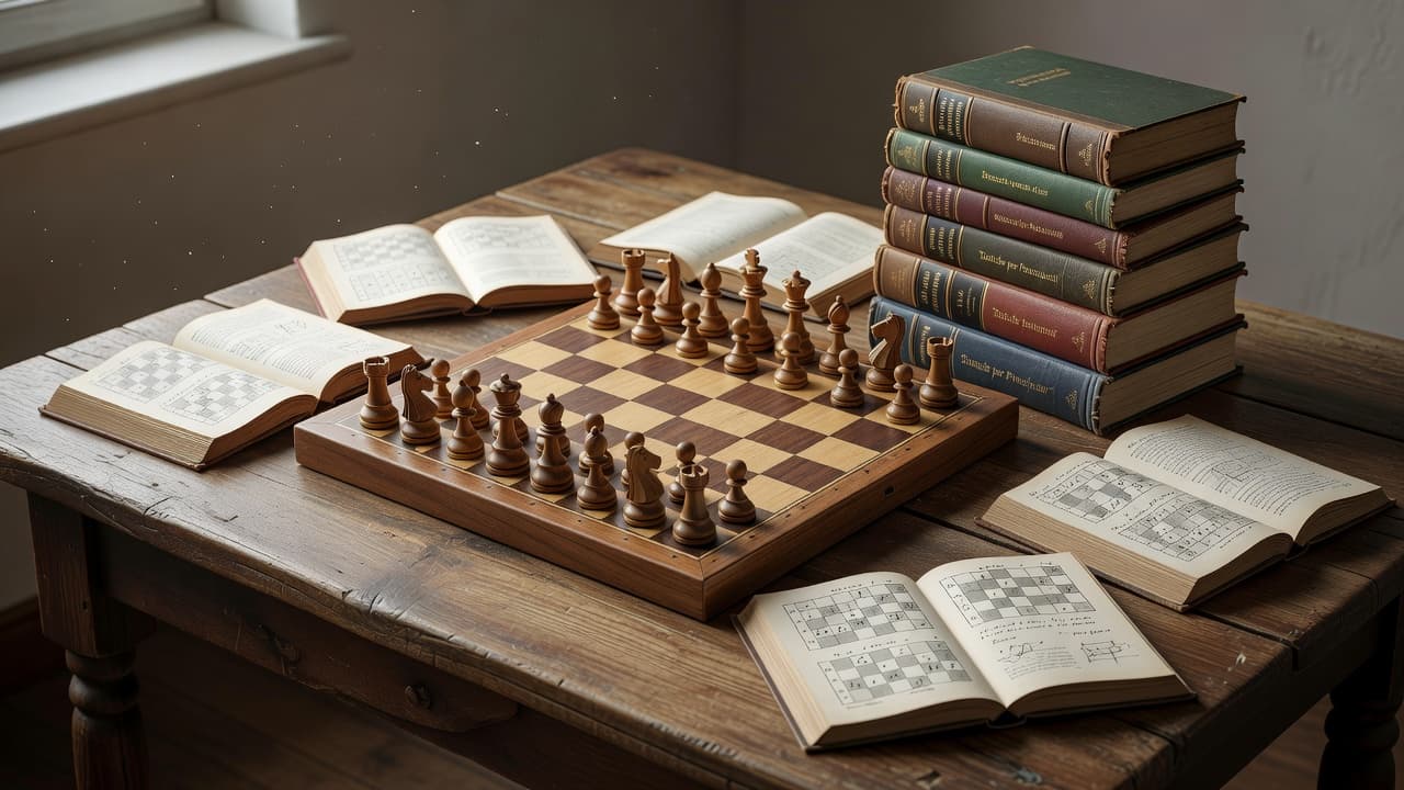 Un tavolo di legno con una scacchiera in legno e pezzi di scacchi, circondata da libri aperti su strategie di scacchi e una pila di libri di riferimento sullo sfondo.