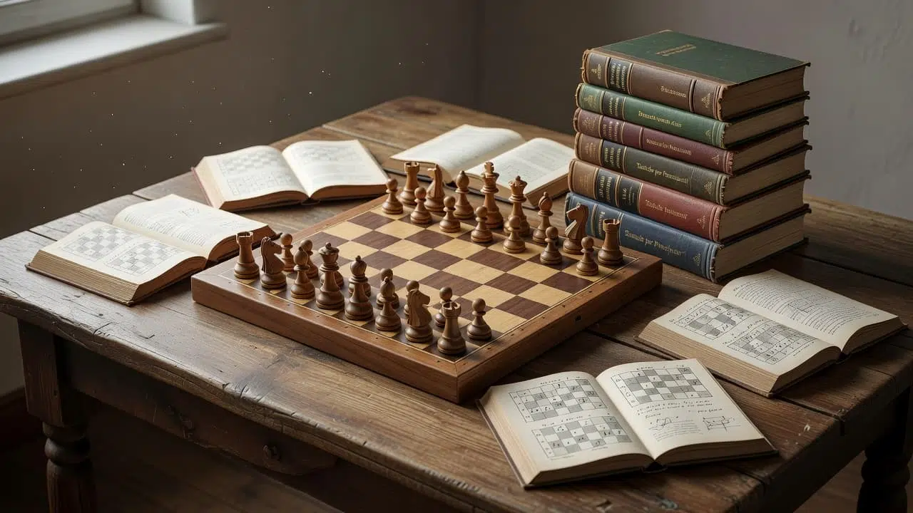 Un tavolo di legno con una scacchiera in legno e pezzi di scacchi, circondata da libri aperti su strategie di scacchi e una pila di libri di riferimento sullo sfondo.