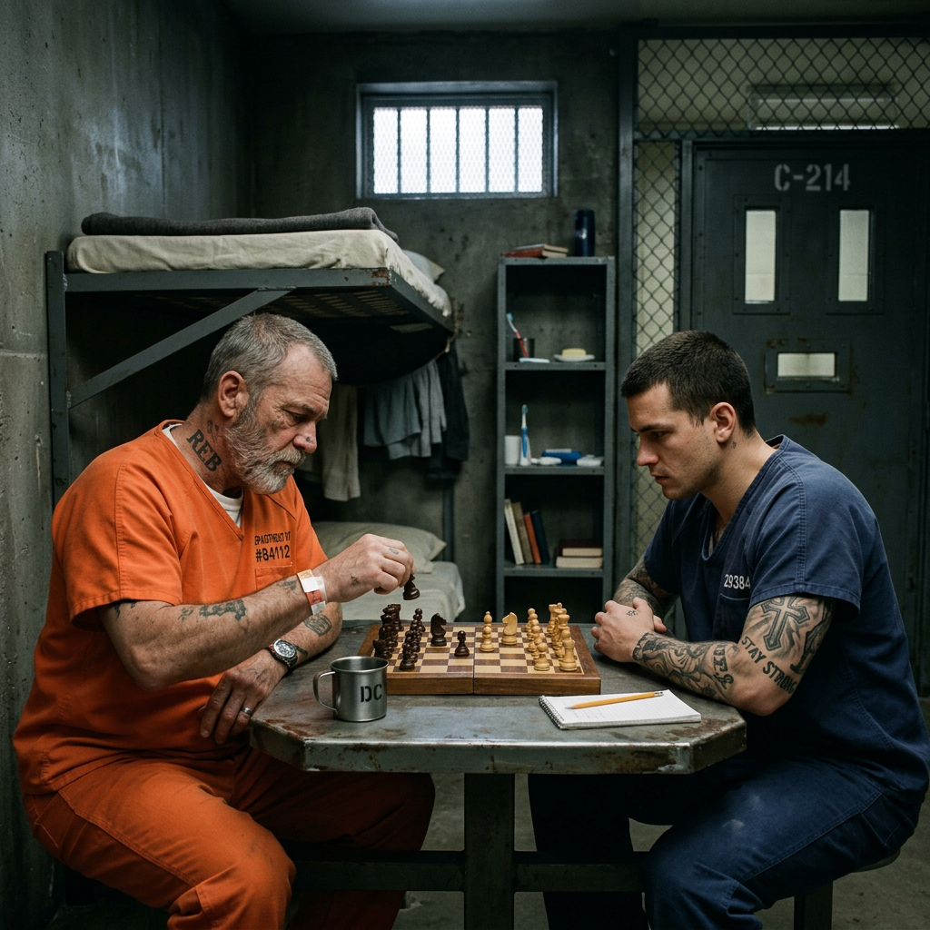 Two prisoners playing chess in a prison cell at a metal table, one in orange and one in blue prison uniforms