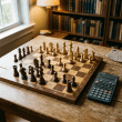 Wooden chessboard mid-game beside a calculator on a study table