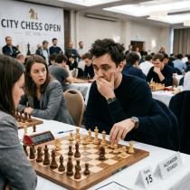Chess players competing at a tournament table with clocks and boards