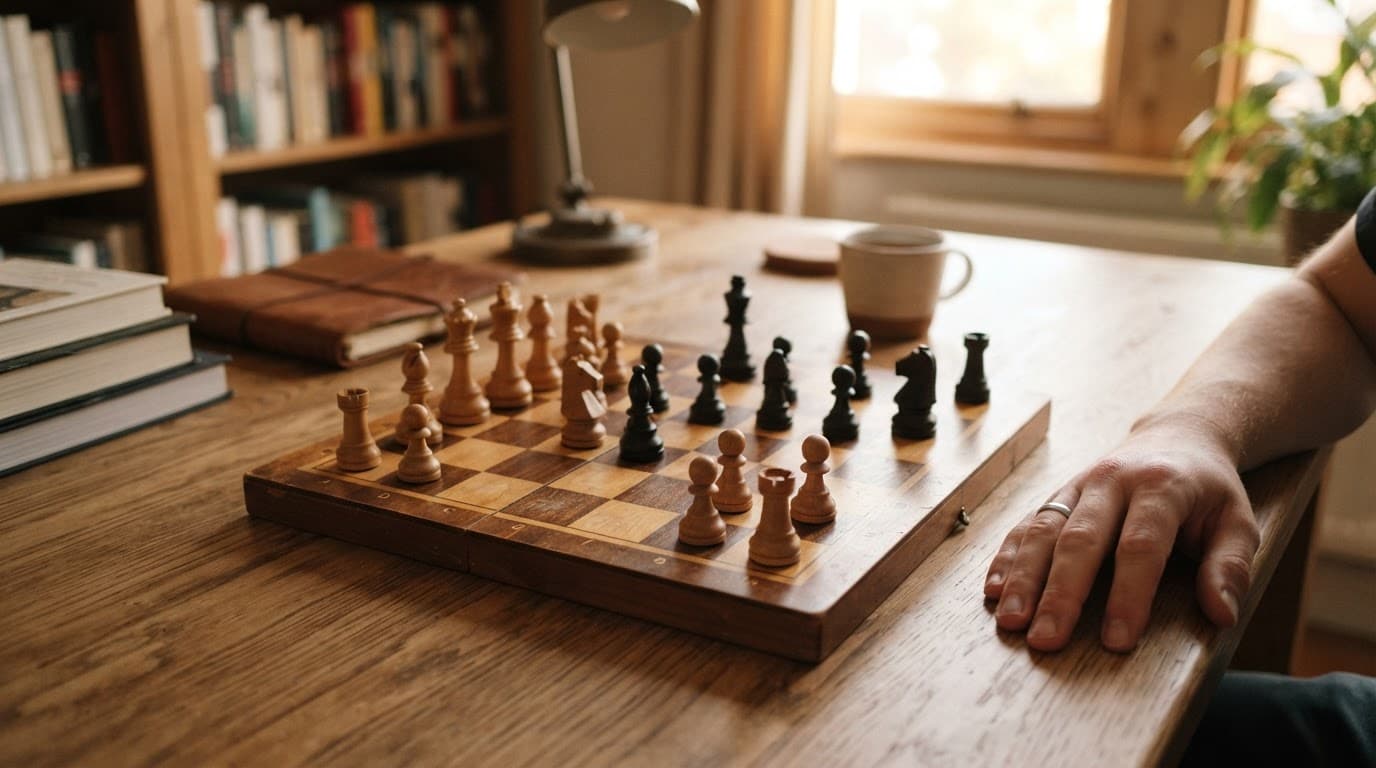 Una scacchiera con pezzi bianchi e neri su un tavolo in legno, con libri e una tazza sullo sfondo.